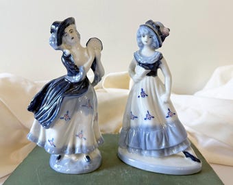 Vintage Blue & White Porcelain Figurines – Victorian Women, Hand-Painted Decor