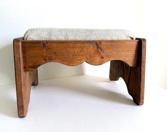 Handcrafted Vintage Wooden Footstool | Rustic Cottage Stool | Primitive Wood Bench | Upholstered Foot Rest | Farmhouse Decor | Indiana Made