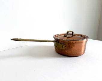 Vintage Copper Saucepan with Lid | French Country Copper Cookware | Brass Handle Pot | Rustic Farmhouse Kitchen Decor | Hanging Copper Pan
