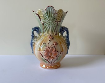 Wazon kwiatowy z połyskliwego szkła w stylu vintage | Tęczowa ceramika artystyczna w stylu majoliki | Wystrój w stylu wiktoriańskim | Wazon ceramiczny Cottagecore | Ozdobne uchwyty