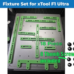 May include: Fixture set for xTool F1 Ultra. The image shows an 18-piece green fixture set with 8 thumb screws included. The set includes various shapes and sizes of green plastic pieces, designed for use with the xTool F1 Ultra laser engraving machine.