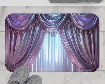 Illustration de rideaux en satin violet | Conception élégante de draperie, tapis de salle de bains de vanité