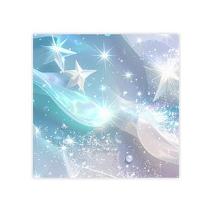 Peut inclure: Impression carrée avec un design céleste et rêveur. L'œuvre d'art présente un mélange de bleus, de blancs et de reflets chatoyants. Des éléments en forme d'étoiles et des accents scintillants créent une esthétique magique et éthérée. Le thème général est la fantaisie et l'émerveillement.