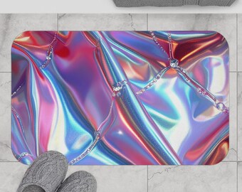 Holographic Iridescent Bath Mat | Shiny Rainbow Metallic Waves