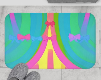 Pastel Bow Bath Mat | Neon Rainbow Stripes, Memory Foam Bathroom Rug