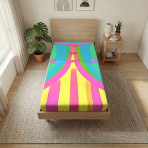 Pink Bow Circus Stripe Twin Flat Sheet | Colorful Canopy Kids Bedding