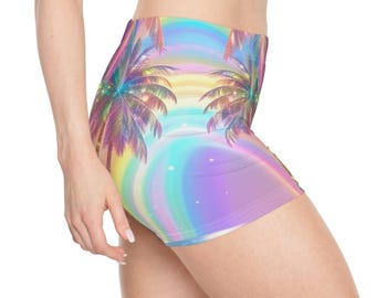 パステルカラーのトロピカルパームツリー柄ショートパンツ | レインボービーチウェア