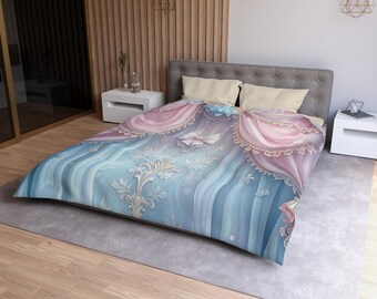 Princess Stage Curtain Duvet Cover | Pink Bows, Rococo Blue Wallpaper