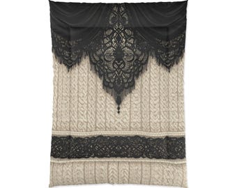 Black Lace Knit Comforter | Cable Knit Texture, Vintage Accents