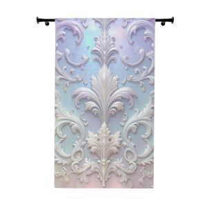 May include: A decorative curtain with a white, ornate floral design set against a pastel blue, pink, and green backdrop. The curtain hangs from a black rod, displaying a detailed, embossed pattern.
