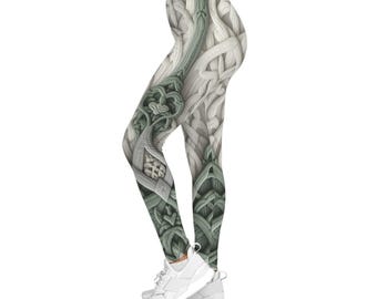 Leggings con patrón de nudo celta / Diseño entrelazado verde marfil