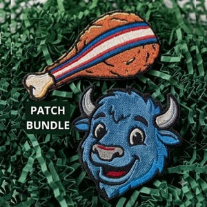 May include: Two embroidered patches featuring a brown chicken leg with a red, white, and blue stripe and a blue buffalo head with grey horns. A dark green square with the white text PATCH BUNDLE is positioned to the left of the patches.