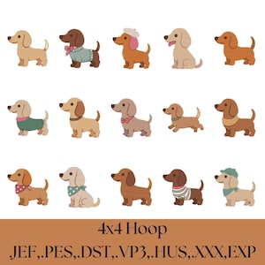 Paquete de diseños de bordado de cachorros de perro salchicha, arte divertido para mamás perrunas, animales, ITH 4X4, PES, JEF, descarga instantánea