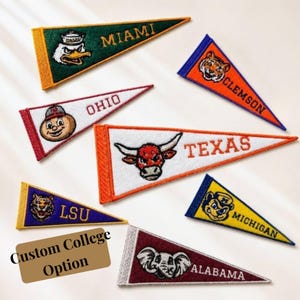 May include: A collection of triangular pennant flags, embroidered with college team names and mascots, including Miami, Clemson, Texas, and Ohio. The flags have a stitched border and are in various colors. A custom college option is available.