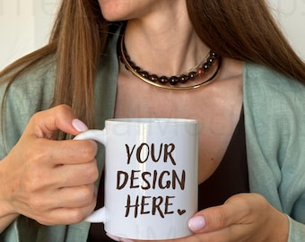 White Ceramic Mug Mockup: 11oz Sublimation Coffee Cup, Real Model Photo, No AI