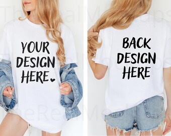 Gildan 5000 White Front & Back Mockup, Free Size Chart, Real Model Dual View G500