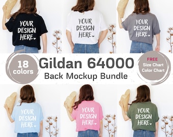 Gildan 64000 T-Shirt Back Mockup Bundle: Real Model Photos, Free Size & Color Charts