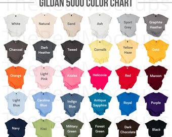 May include: A color chart displaying a variety of t-shirt colors. The chart includes shades like white, black, and navy, as well as vibrant hues such as orange, red, and purple. The text "GILDAN 5000 COLOR CHART" is at the top.