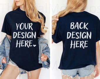 Gildan 5000 Navy Front & Back Mockup, Free Size Chart, Real Model Dual View G500