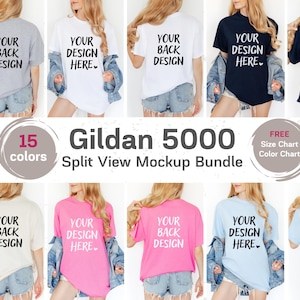 Puede incluir: Un paquete de maquetas de camisetas Gildan 5000 en varios colores, que muestra diseños delanteros y traseros. Cada camiseta muestra el texto "YOUR DESIGN HERE" o "YOUR BACK DESIGN". La imagen incluye un gráfico de "15 colores" y un gráfico de "GRATIS Tabla de tallas Tabla de colores".