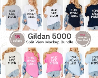 Gildan 5000 Front & Back Mockup Bundle: Real Model, Free Size + Color Charts, Dual G500