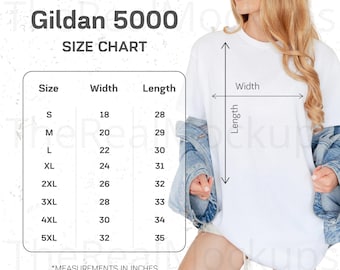 Gildan 5000 Size Chart: Real Model Photo Sizing Guide, Unisex T-shirt Size Mockup