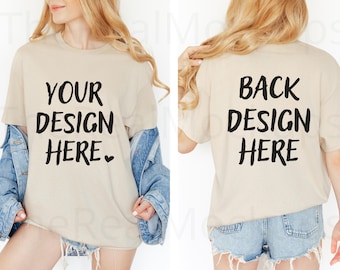 Gildan 5000 Sand Mockup anteriore e posteriore, tabella delle taglie gratuita, modello reale Dual View G500