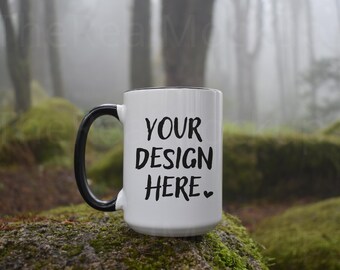 15oz Accent Coffee Mug Mockup: White and Black Ceramic Cup, Real Outdoor Photo