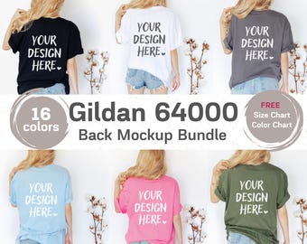 Gildan 64000 T-Shirt Back Mockup Bundle: Real Model Photos, Free Size & Color Charts