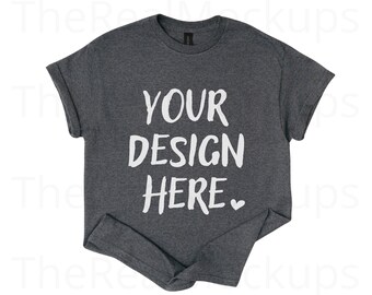 May include: Dark grey t-shirt with rolled sleeves. The shirt displays the text "YOUR DESIGN HERE" in white, with a small heart symbol. The t-shirt is a crew neck style.