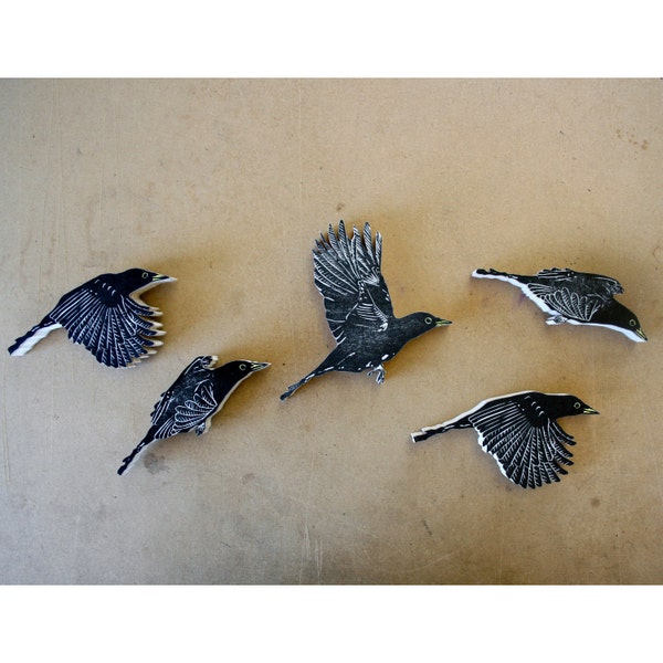 Set of 5 Black Birds Woodcut Sculpture Limited Edition Prints