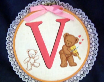 Cute Little Hand Quilted "V" On a Round Embroidery Hoop Wall Hanging for a Girl's Room, Vintage, Hand Stitched