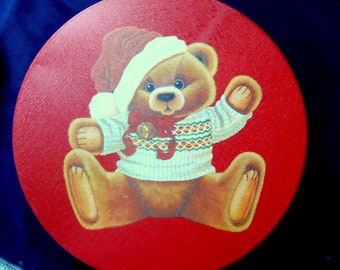 Red Christmas Tin with A Cute Santa Teddy Bear