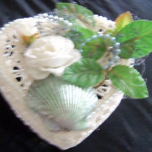 Crocheted Heart Shaped Gift Box with Silk Flowers, Shells and Ribbons