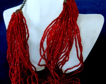 Beautiful Red Color Muilti Strand Strings of Beads, Vintage