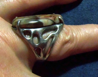 Custom Designed Sterling Silver Ring with A Beautiful Jasper Oval Stone Secured By Prongs , Vintage