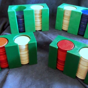 Red, White, and Blue Poker Chips in Plastic Or Bakelight Holders, Vintage
