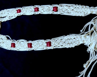 Hand Crafted White Macrame Tie Belt with Purple Wooden Beads and a Chrome Ring in the Back, Vintage