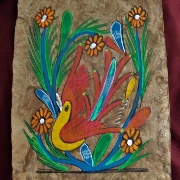 Beautiful Colors on 2 Mexican Folk Art Pictures Painted on Handmade Paper from Recylced Bark, Free Shipping, Unframed