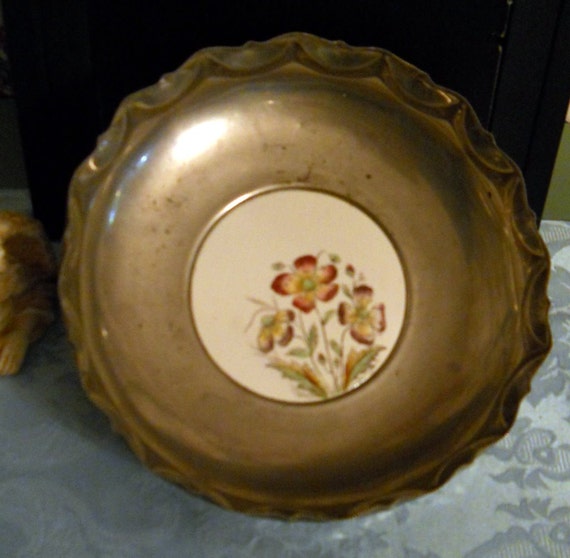 German Bowl of Silver Colored Metal Etched With the Artisits Name and Date and a Decorated Ceramic Disc Bottom