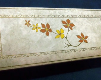 Padded Cream and Tan With A Floral Design Storage Box With Attached Lid, Came With Stationary In The 60's, Vintage  Rare Find