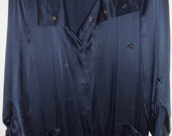 Chico Dark Navy Blue Long Satin Over Shirt or Blouse with 3/4 Length Sleeves, 2 Pockets, Waist Tie, and Snaps, Size 2