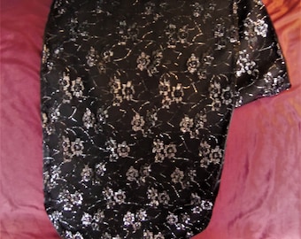 Silver Floral Design on Black Netting with Satin Back Shawl or Wrap