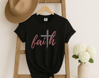 T-shirt Faith met kruis, grafisch ontwerp met christelijk geschrift, uniseks T-shirt met geloofsmotief