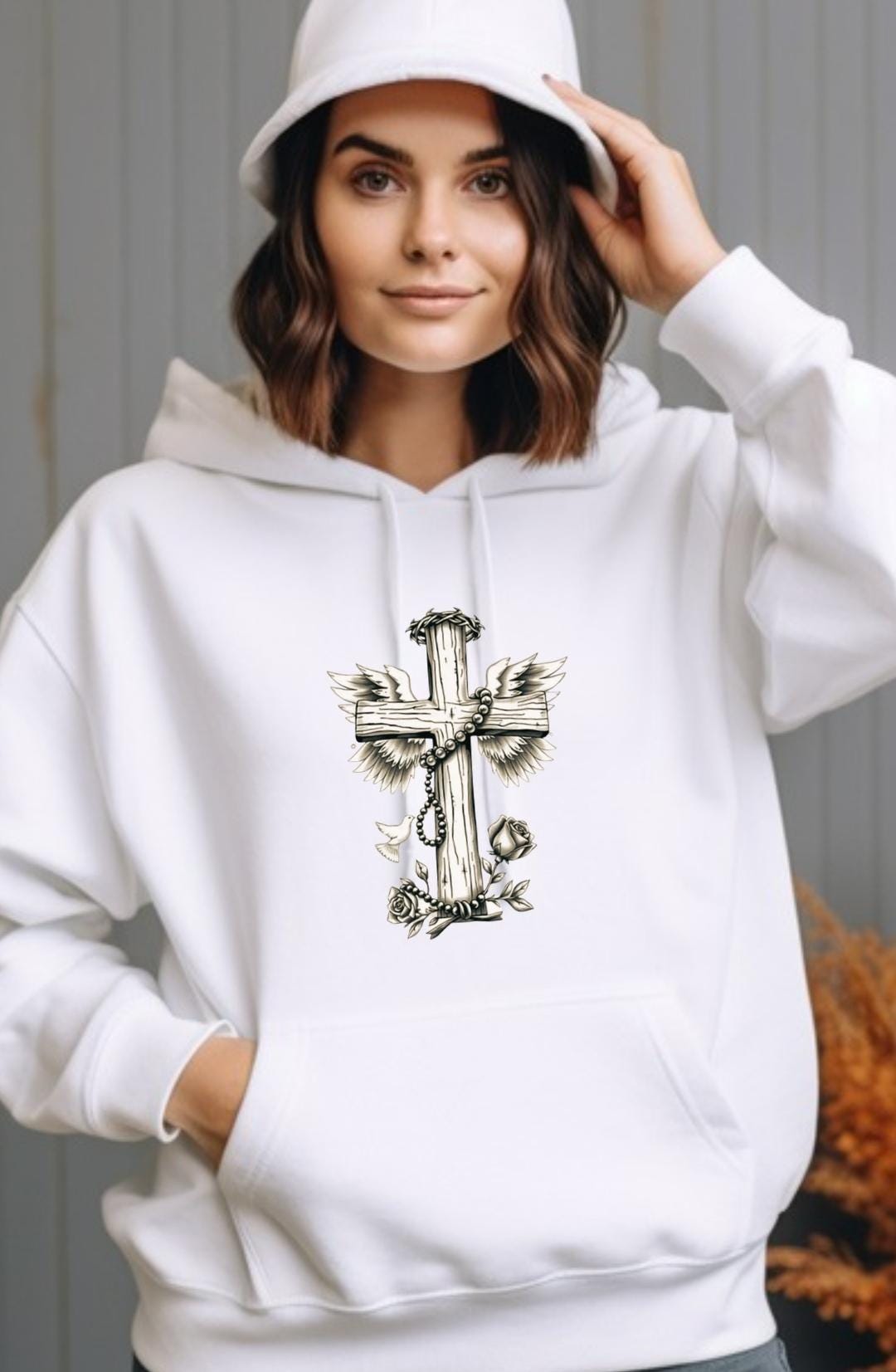 Rustic Church Merch Rustic Cross Hoodie With Floral Wood Design, Christian Faith Pullover ...
