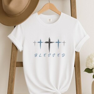 Women’s Blessed Cross T-Shirt | Christian Faith Script Tee | Religious Inspirational Shirt | Spiritual Gift for Her | Casual Everyday Tee