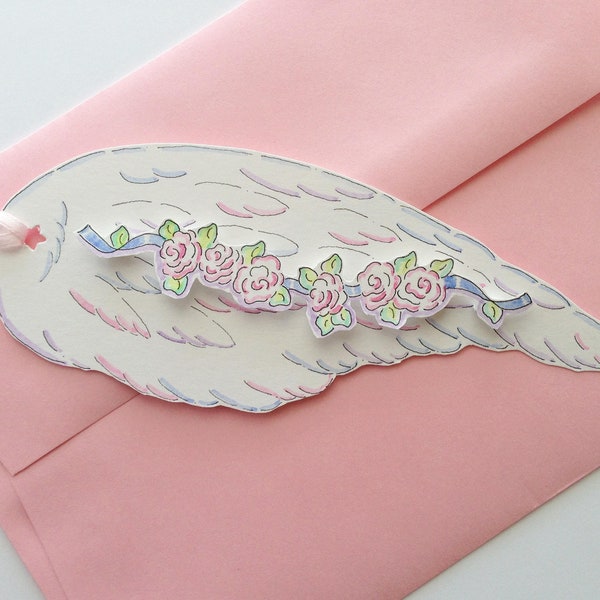 Cute Wing with Rose Garland, Romantic, Hand painted, glass glitter option, Greeting Card, Ornament, Cottage Chic, French Cottage