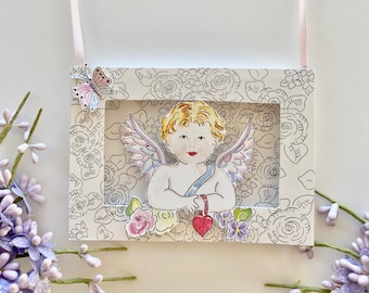 Cupid Sending Love Shadow box, In The Garden, Cabbage Roses, Hand Painted, Cottage Chic, French Country Cottage, Cute