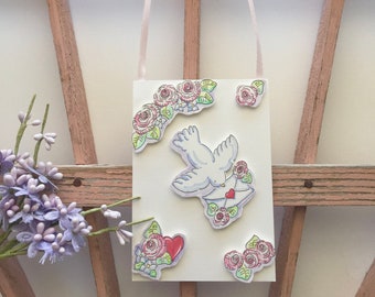 Hearts and Flowers , Hand Painted,  Decoration Ornament Cottage Chic