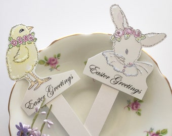 Easter Bunny and Chick  Decorations, Ornaments, Victorian Vintage Style Accents, Picks,  Glass Glitter